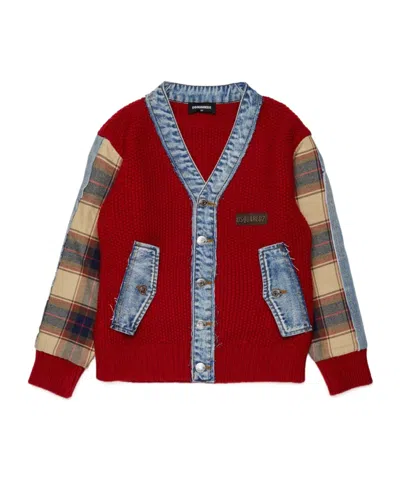 Dsquared2 Kids' Knitted Cardigan With Denim Details In Red