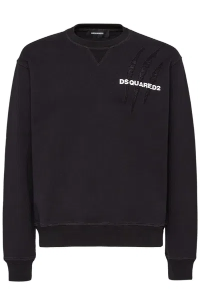 DSQUARED2 DISTRESSED BLACK COTTON SWEATSHIRT WITH ICONIC BRANDING