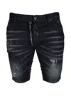 Dsquared2 Distressed Black Shorts With Leather Logo Patch In Black