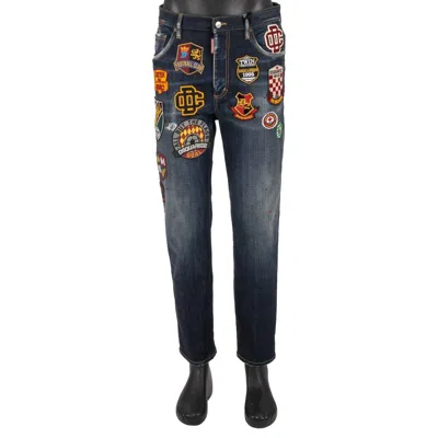 Pre-owned Dsquared2 Distressed Brad Jean Football Crown Lion Patch Jeans Pants Blue 13650