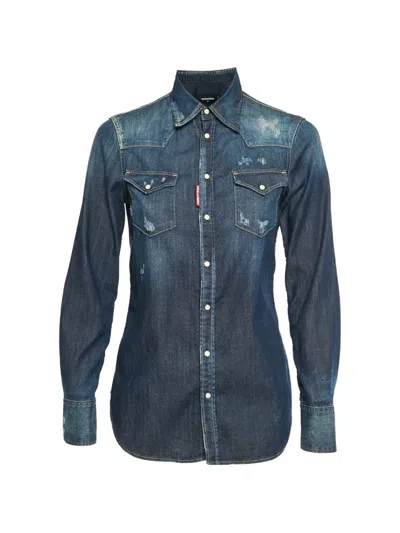 Pre-owned Dsquared2 Distressed Chambray Shirt In Blue