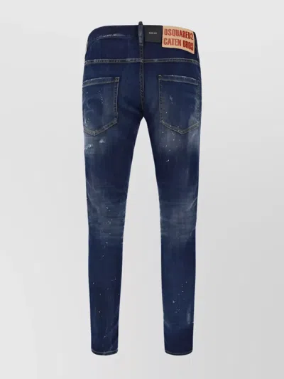 Dsquared2 Distressed Cotton Jeans With Patent Leather Accents In Blue