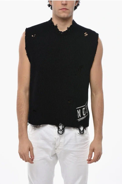 Dsquared2 Distressed Cotton Sleeveless Sweater In Black