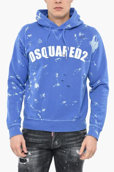 Dsquared2 Distressed D2 Goth Foam Hoodie In Blue