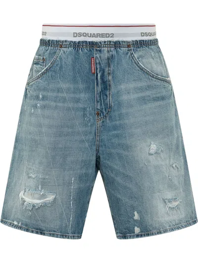 Dsquared2 Distressed Denim Bermuda Shorts In Blue