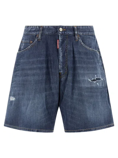Dsquared2 Distressed Denim Bermuda Shorts In Blue