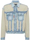 Dsquared2 Blue & Beige Super Ripped Mixed Denim Jacket In Blue
