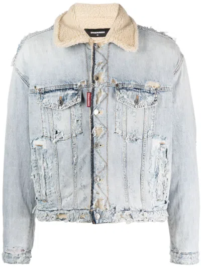 Dsquared2 Distressed Cotton Denim Jacket In Navy
