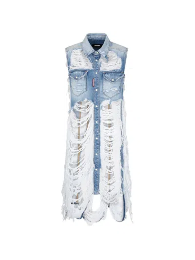Dsquared2 Distressed Denim Midi Shirt Dress In Blue