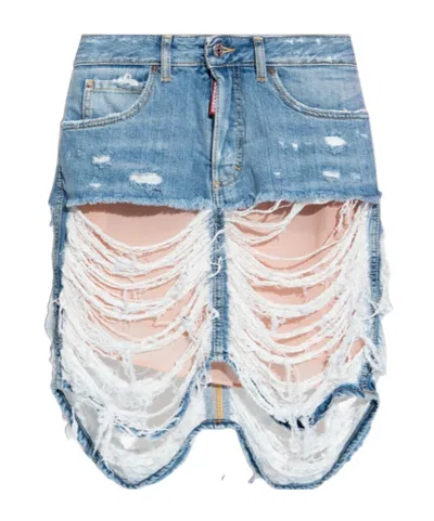 Dsquared2 Distressed Denim Mini Skirt In Blue