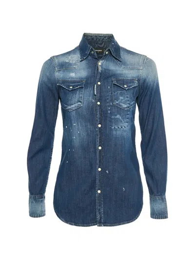 Pre-owned Dsquared2 Distressed Denim Shirt In Blue