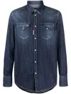 Dsquared2 Blue Shirt With Pointed Collar And Elbow Patches In Denim Man In Blue