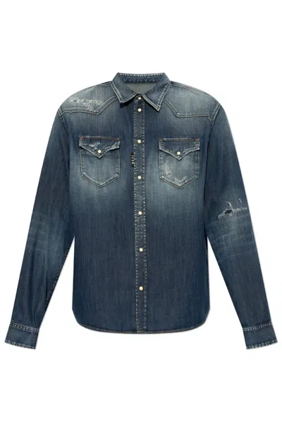 Dsquared2 Long-sleeve Ripped-detail Denim Shirt In Blue