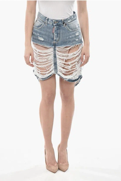 Dsquared2 Distressed Denim Skirt With Inner Slip In Blue