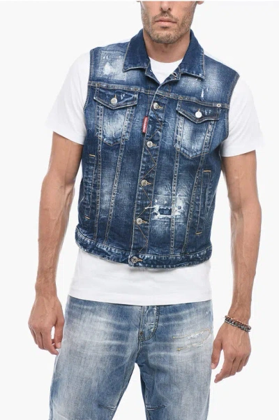 Dsquared2 Distressed Denim Vest In Blue