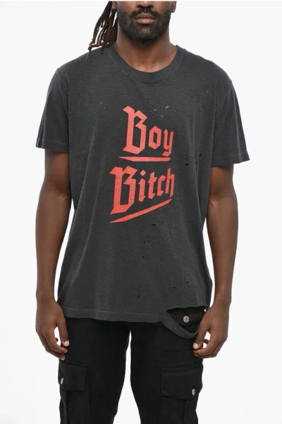 Dsquared2 Distressed Effect Boy Bitch Crew-neck T-shirt In Gray