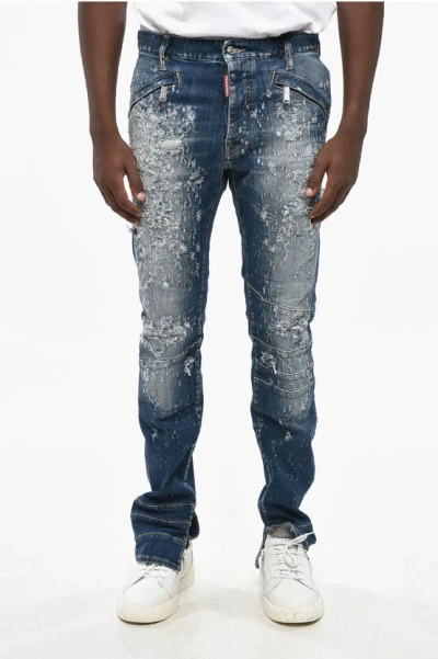 Dsquared2 Distressed Effect Honda Cool Guy Biker Jeans With Ankle Slit In Blue
