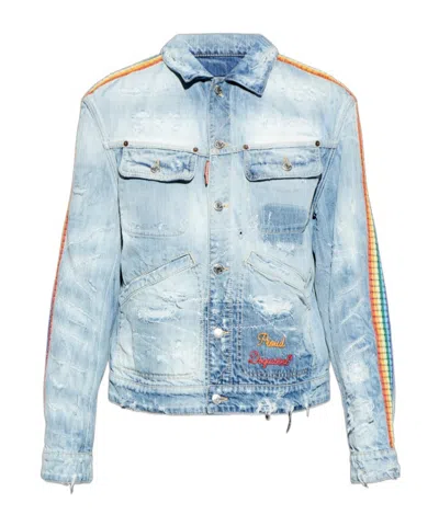 Dsquared2 Distressed Embroidered Denim Jacket In Blue