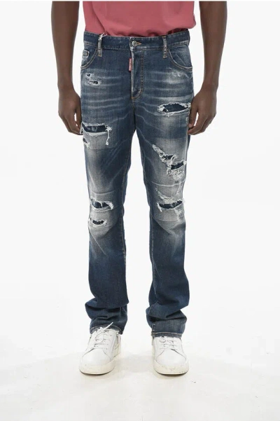 Dsquared2 Distressed Jeans With 21cm Logo Buttons In Blue