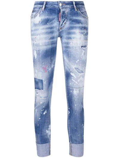 Dsquared2 Distressed Logo-embroidered Slim Jeans In Blue
