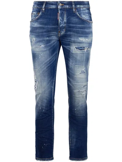 Dsquared2 Distressed Medium Blue Denim Trousers With Paint Splatter Details