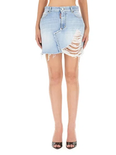 Dsquared2 Distressed Mini Skirt With Asymmetrical Cut In Blue