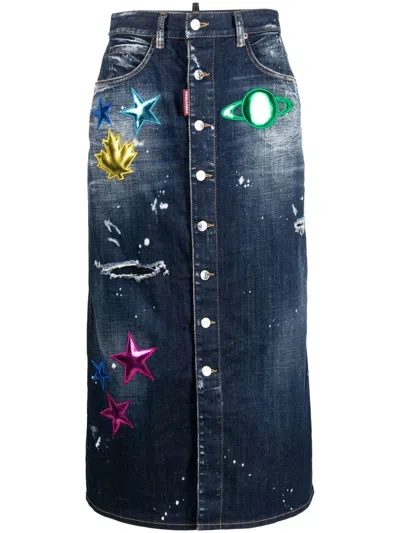 Dsquared2 Distressed Patch-detail Denim Skirt In Blue