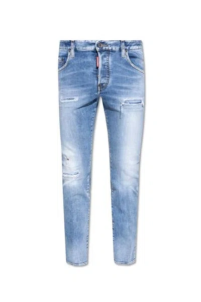 Dsquared2 Distressed Skinny Jeans, Cotton & Spandex Blend, Mid Rise. In Blue