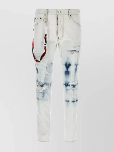 Dsquared2 Distressed Tie-dye Belted Five-pocket Striped Trousers In White