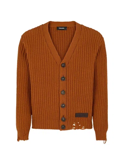 Dsquared2 Distressed V-neck Cardigan In Brown