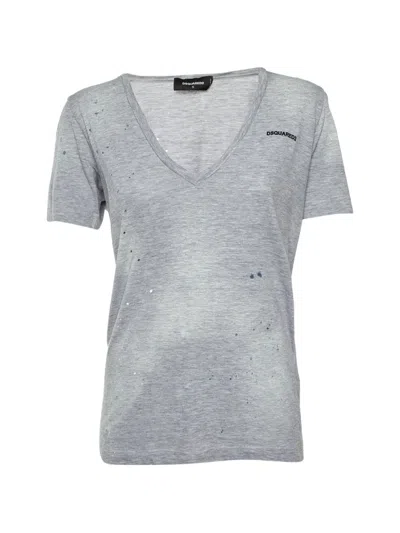 Pre-owned Dsquared2 Distressed V-neck T-shirt In Gray