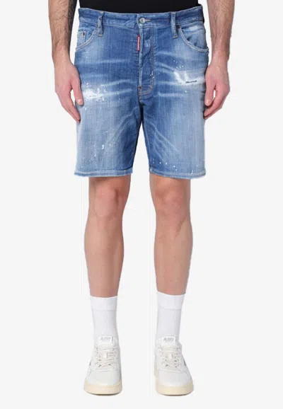 Dsquared2 Distressed Washed Denim Bermuda Shorts In Blue