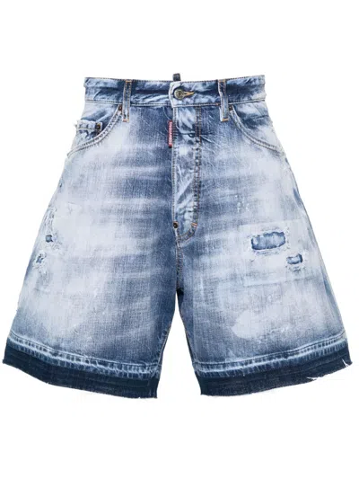 Dsquared2 Distressed Washed-denim Shorts In Blue