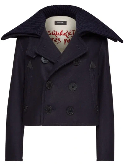 Dsquared2 Double-breasted Cropped Peacoat In Navy Blue