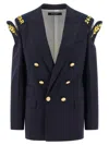 Dsquared2 Double-breasted Wool Blazer With Embroidered Hard Shoulders In Blue