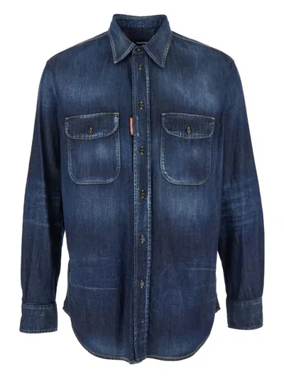 Dsquared2 Blue Shirt With Pointed Collar And Elbow Patches In Denim Man