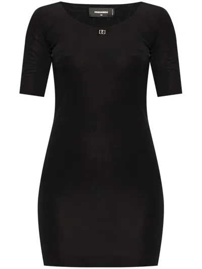 Dsquared2 Scoop Neckline Short Sleeve Fitted Mini Dress In Black