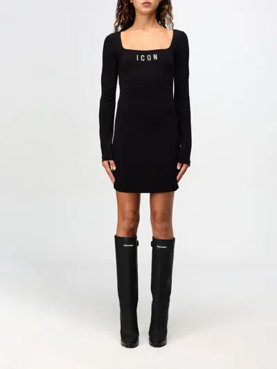 Dsquared2 Sleeve Square Neckline Rhinestone Mini Dress In Black