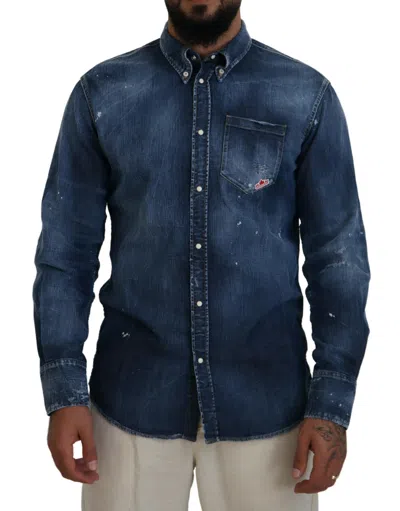 Dsquared2 Dsqua² Washed Colla Men Casual Long Sleeves Men's Shirt In Blue