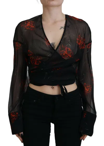 Pre-owned Dsquared2 Dsquared² Black Floral Print Cropped Wrap Long Sleeves Women's Top ()