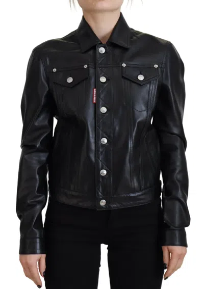 Pre-owned Dsquared2 Dsquared² Black Leather Collared Long Sleeves Women's Jacket ()