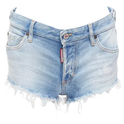 Pre-owned Dsquared2 Dsquared Blue Washed Distressed Logo Patch Frayed Cut Off Booty Shorts It38 Xs