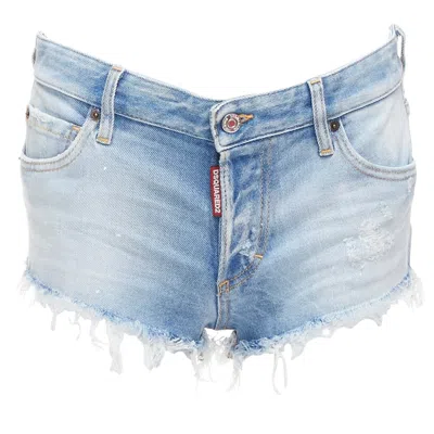 Pre-owned Dsquared2 Dsquared Blue Washed Distressed Logo Patch Frayed Cut Off Booty Shorts It38 Xs