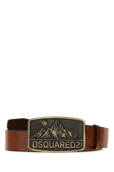 Dsquared2 Dsquared Brown Leather Dominate Your Sport Belt With Antiqued Golden Brass Finish