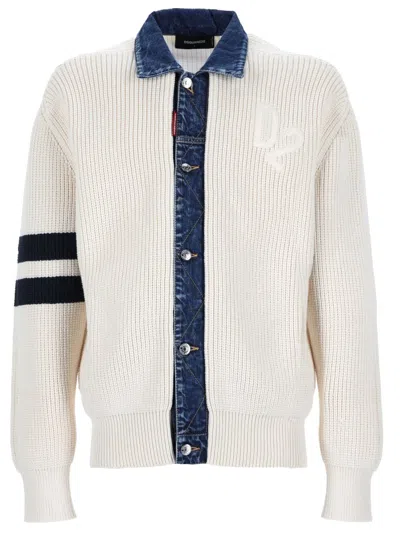 Dsquared2 Dsquared Cotton Blend Knit Cardigan Jacket With Denim Trim In White