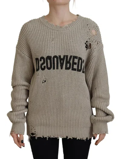 Pre-owned Dsquared2 Dsquared² Cotton Knitted Crewneck Pullover Women's Sweater () In Beige