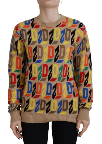Pre-owned Dsquared2 Dsquared² Cotton Long Sleeve Crew Neck Printed Women's Sweater () In Brown