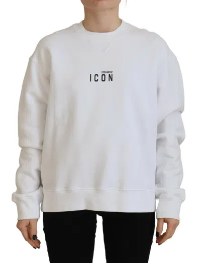 Pre-owned Dsquared2 Dsquared² Cotton Printed Long Sleeve Crew Neck Women's Sweater () In White
