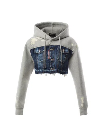 Dsquared2 Dsquared Cropped Cool Fit Hoodie In Mix Grey Melange-navy Blue
