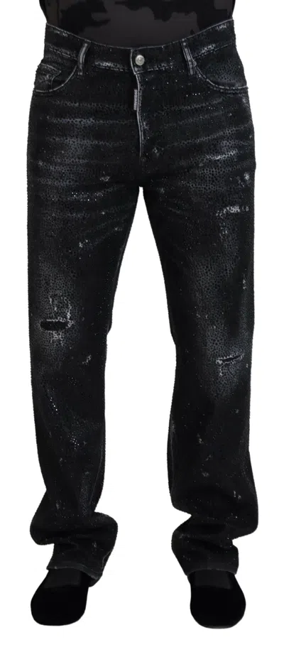 Pre-owned Dsquared2 Dsquared² Crystal Embellished Tattered Blue Men's Jeans () In Black